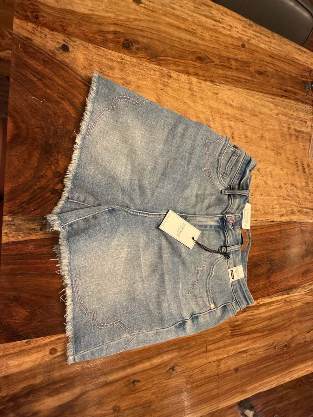 Judy Blue High-Waist Light Wash Denim Shorts Western Embroidery Raw Fray Hem
